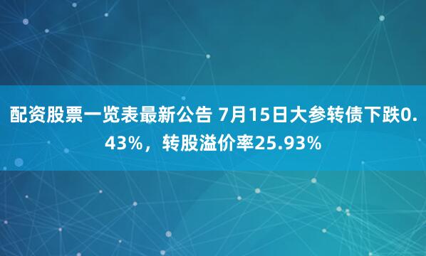 配资股票一览表最新公告 7月15日大参转债下跌0.43%，转股溢价率25.93%